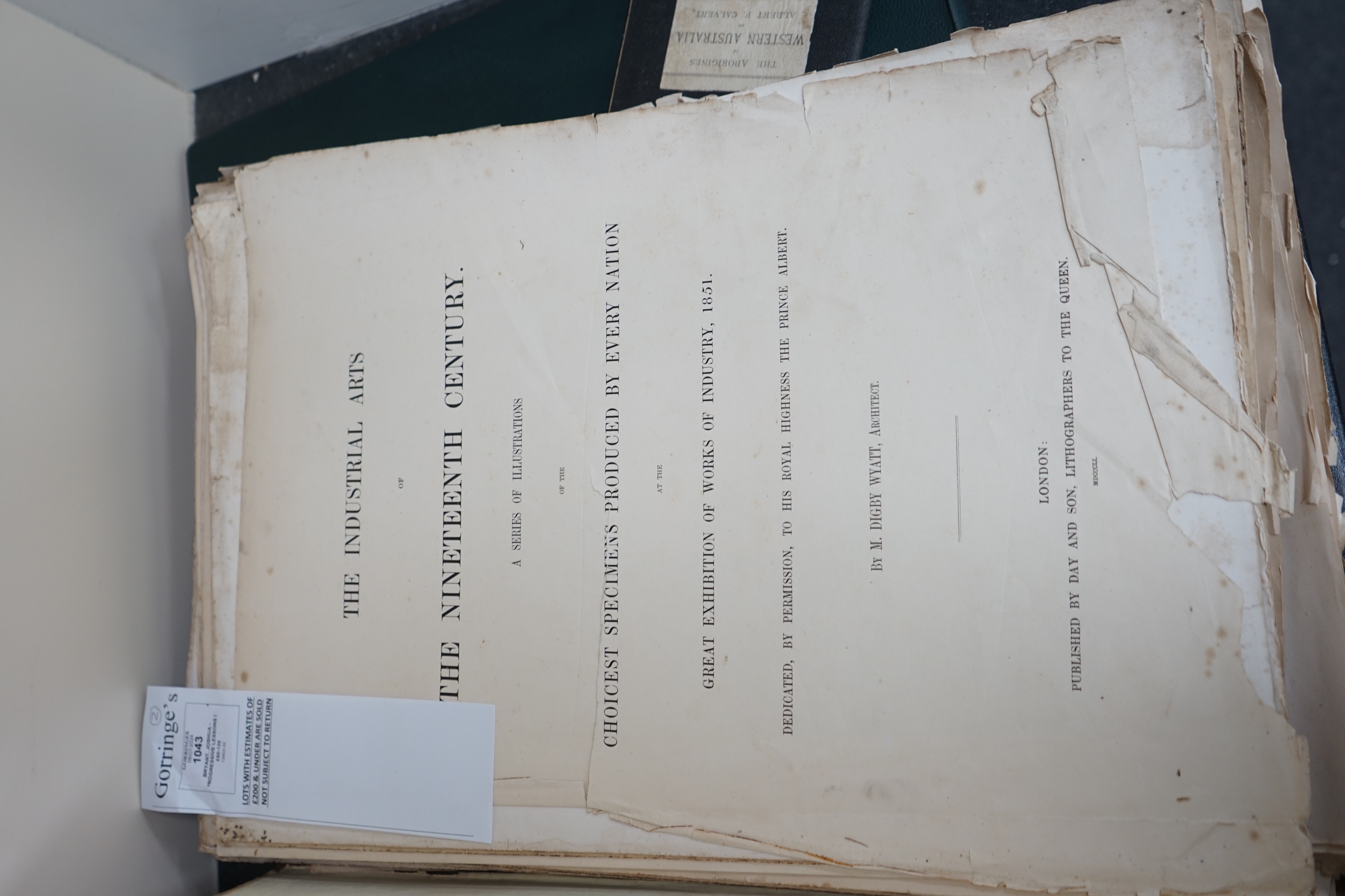 Bryant, Joshua - Progressive Lessons in Landscape, lithographed pictorial title, half title, 42 lithographed plates, one folding, 6 plates of diagrams, half red morocco, very worn, paper covered boards badly scuffed, R.